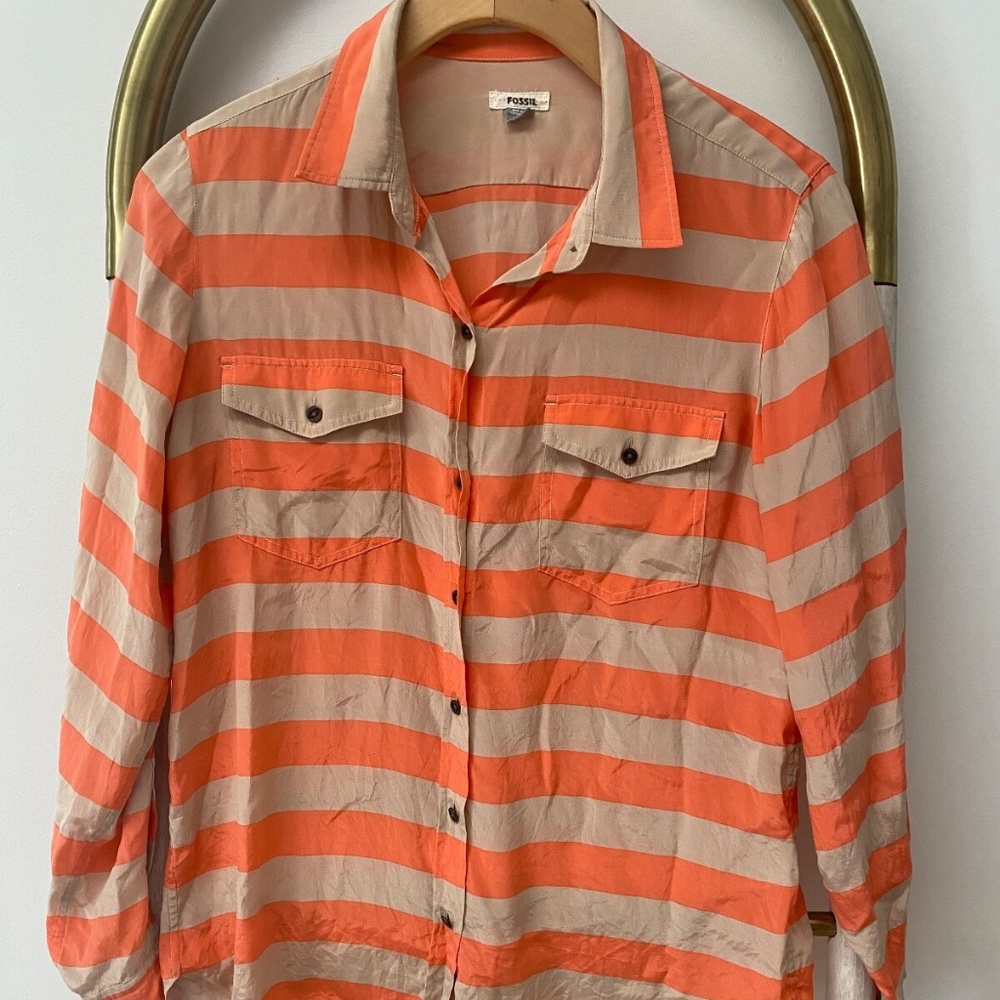 Fossil Womens Orange Striped Long Sleeves 100% Silk Blouse Shirt Top Size S